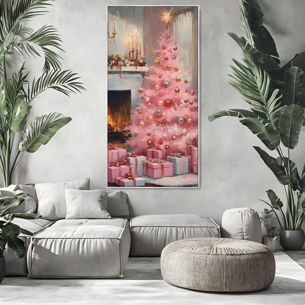 Tablou canvas cu pictura cu brad roz si semineu, in rama de aluminiu argintiu, pe perete intr-un living